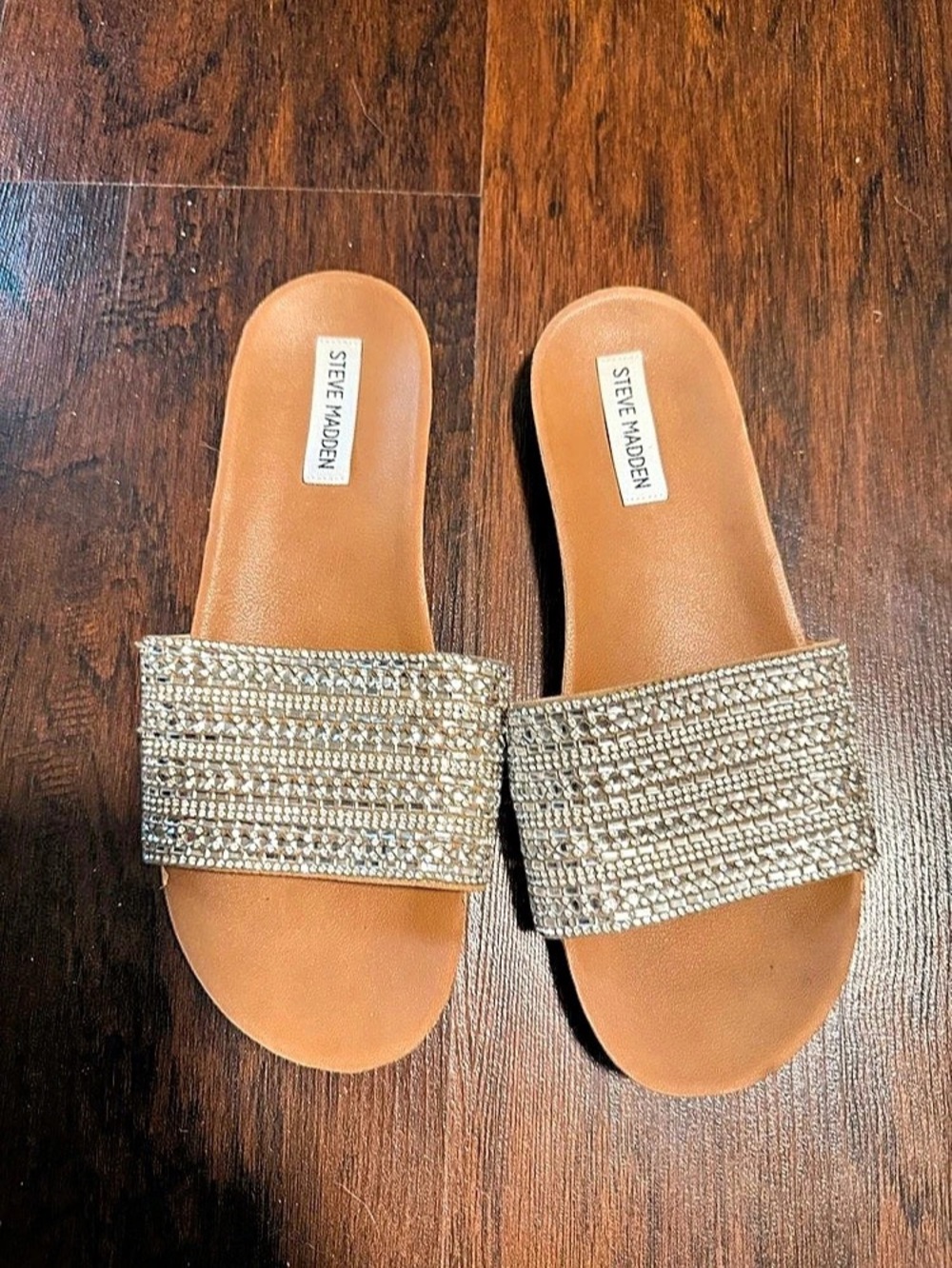 Steve Madden Brionna Rhinestone Slide Sandal Brown & Silver